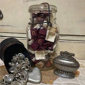 Vintage Glass Jar with Maroon and White Scrabble Tiles